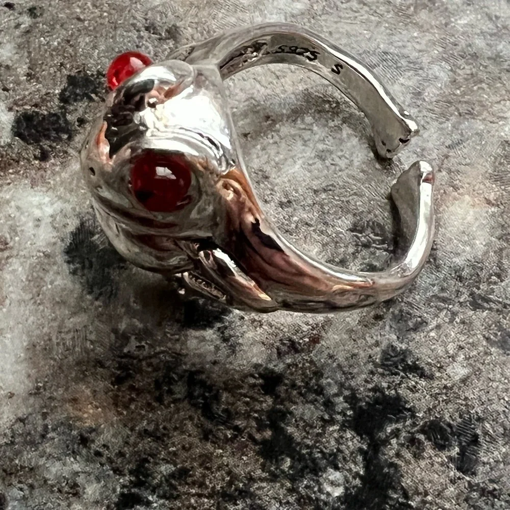 Our last one -Fat Frog Ring 925 stamped red eyes cute webbed feet